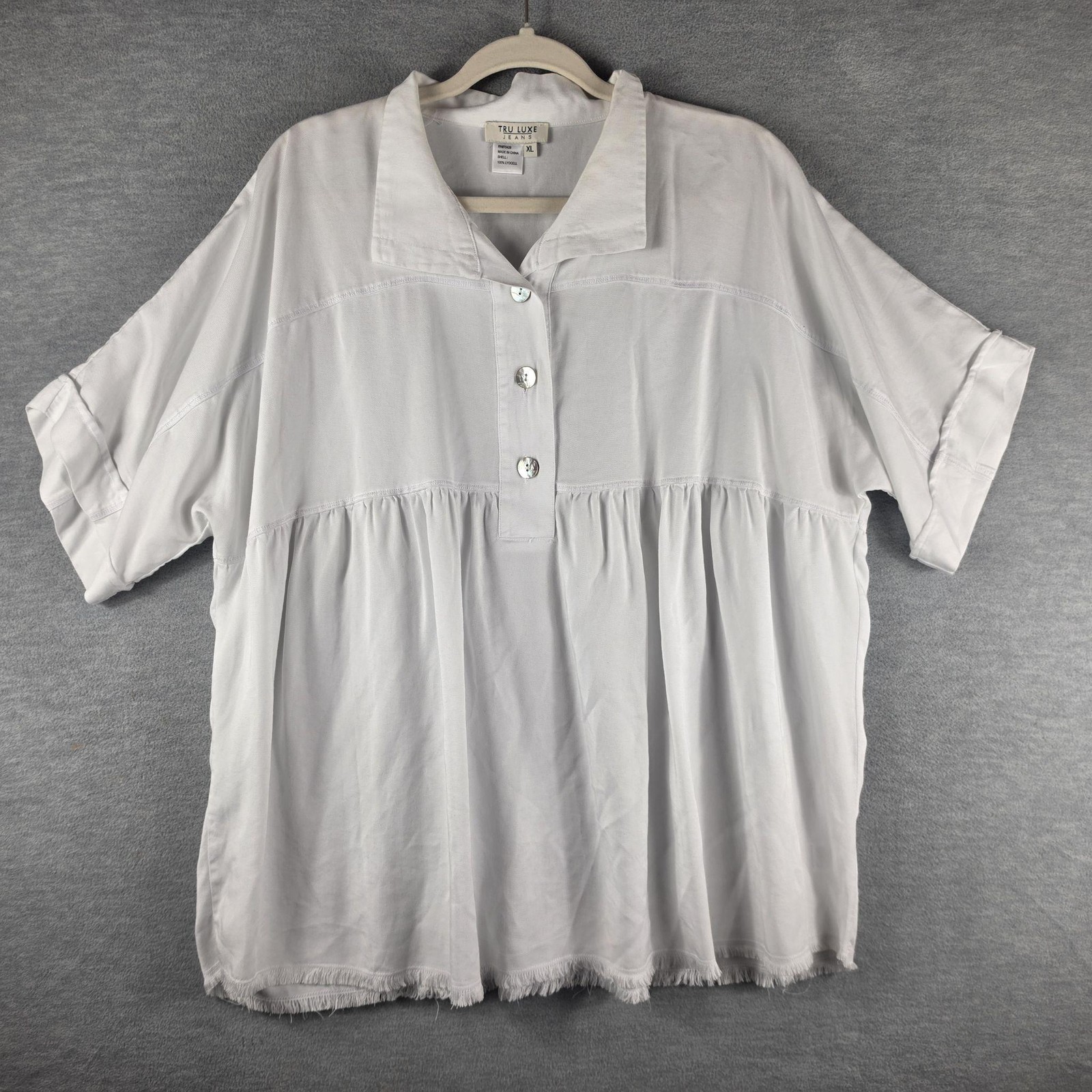 Tru Luxe Jeans Blouse Womens XL White Collared Short Sleeve Babydoll Tunic Top