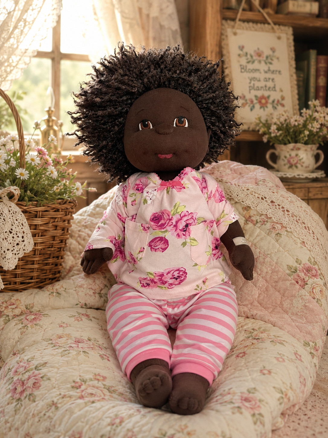 Frettas Loveable Soft Sculpture Cloth OOAK Doll Ebony Afro Black Baby Girl 20\