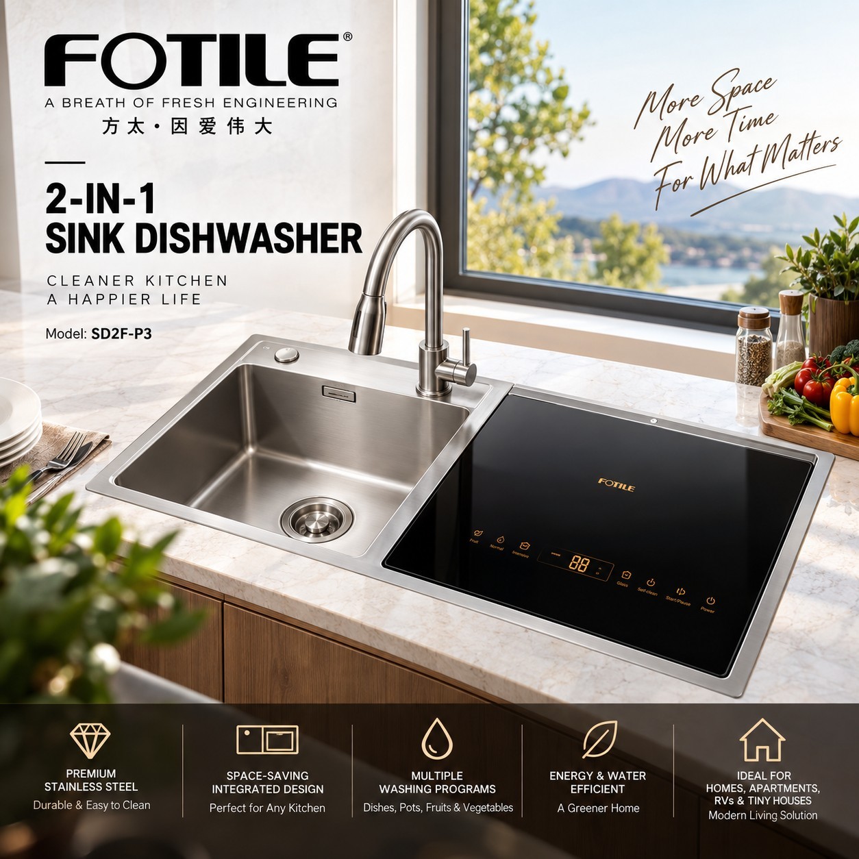 FOTILE SD2F-P3 2-in-1 In-Sink Dishwasher Drop-In Stainless Steel Black