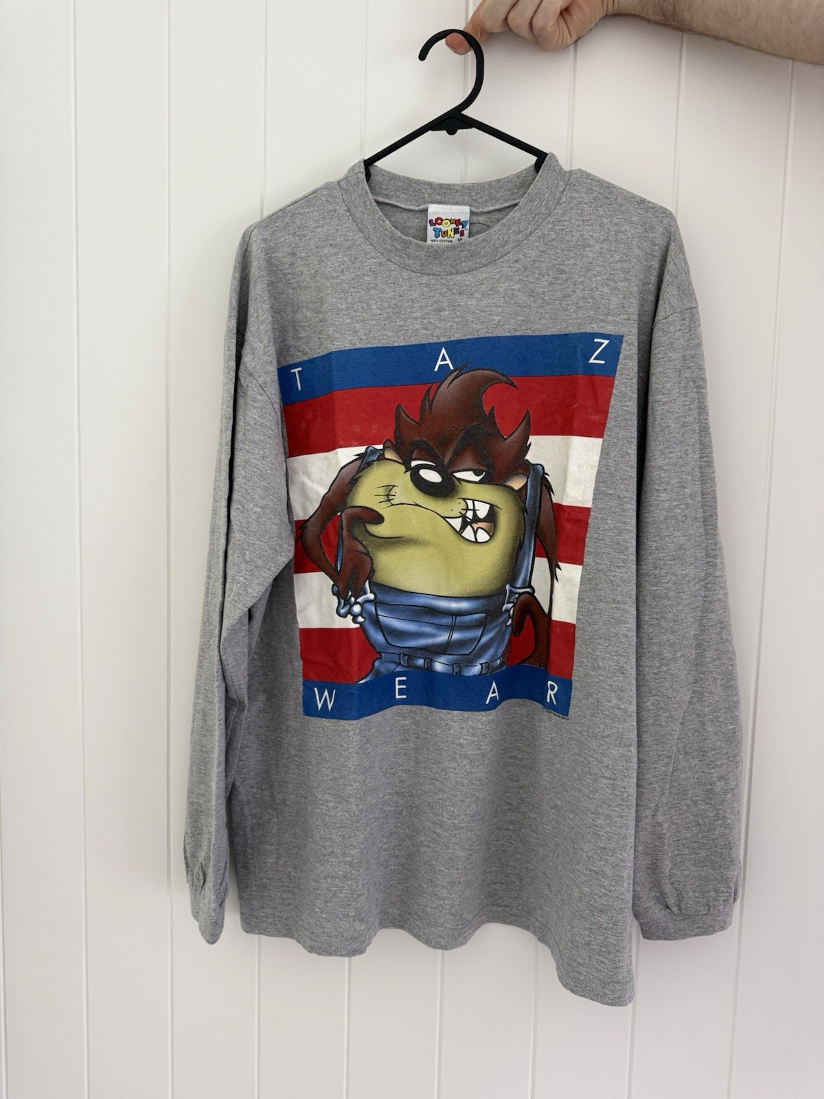 Vintage 1998 Looney Tunes Taz Men’s XL Grey Long Sleeve Crew Neck Cotton Tee
