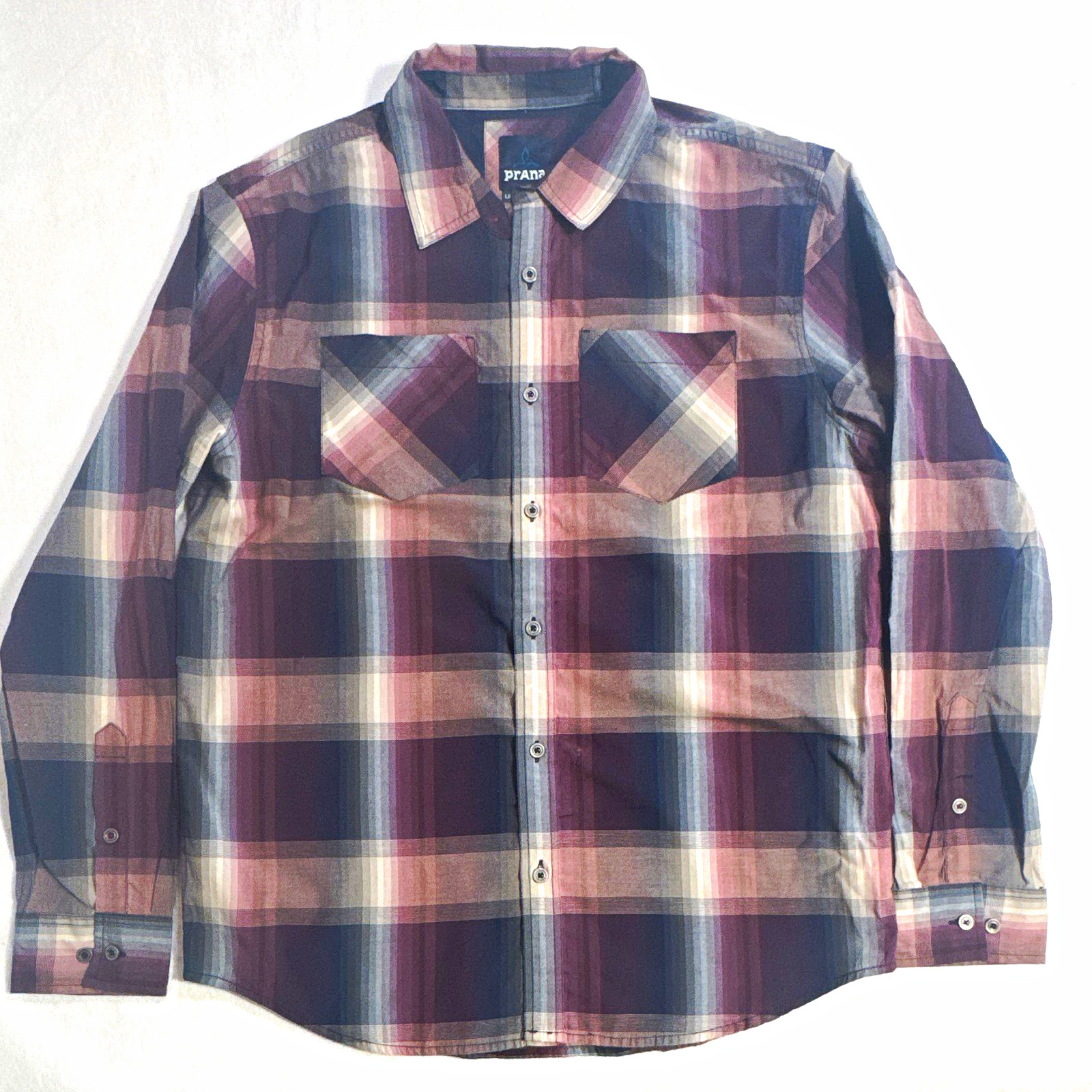 prAna Men’s L Gray Purple Pink Plaid Woven LS Button-Up Shirt Pockets Point prAna Men’s L Gray Purple Pink Plaid Woven LS Button-Up Shirt Pockets Point