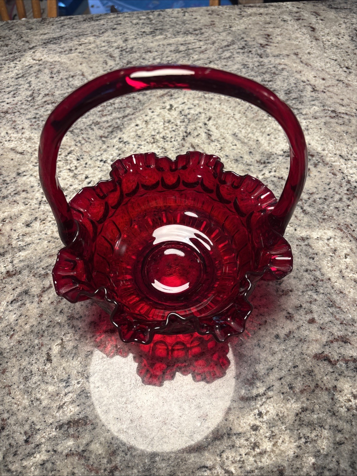 Vintage Fenton Ruby Red Thumbprint Glass Basket Ruffled Rim Handled