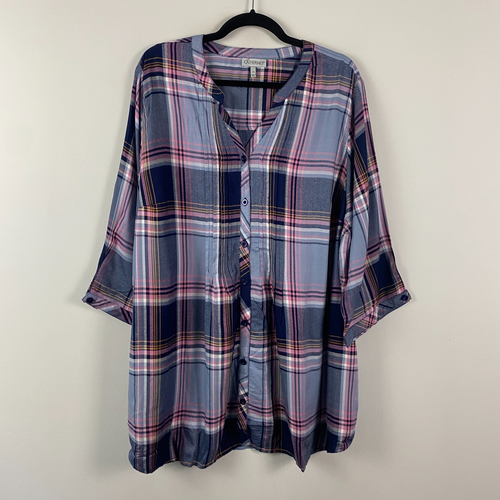 Catherines Button Front Tunic Size 2X Dark Mauve Multi Plaid 3/4 Sleeves