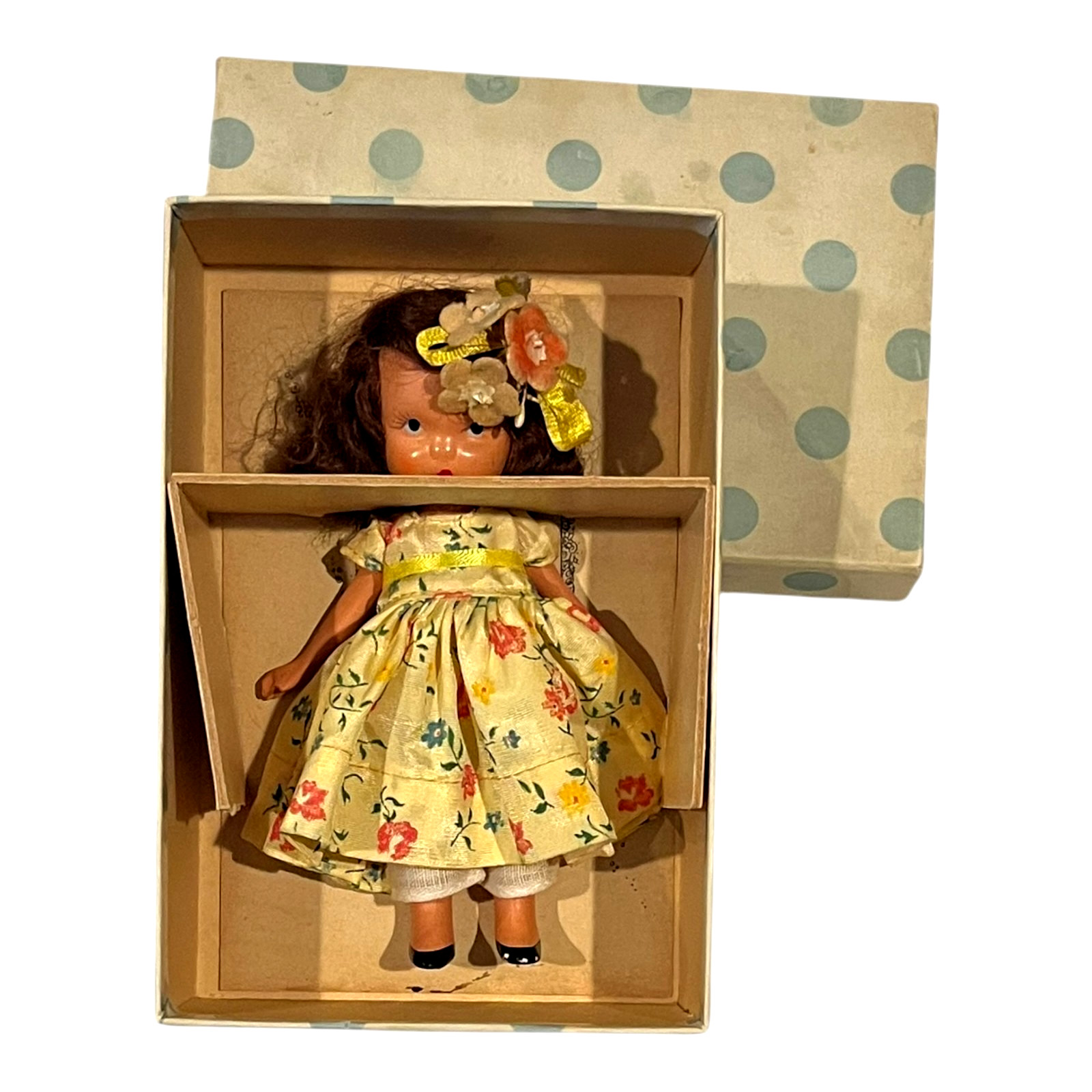 Vtg Nancy Ann Storybook Doll Bisque In Original Box Yellow Floral Dress 5\