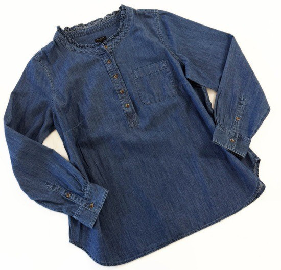 Talbots Shirt Womens Sz 1X Denim Ruffle Neck Popover Blue New Cotton