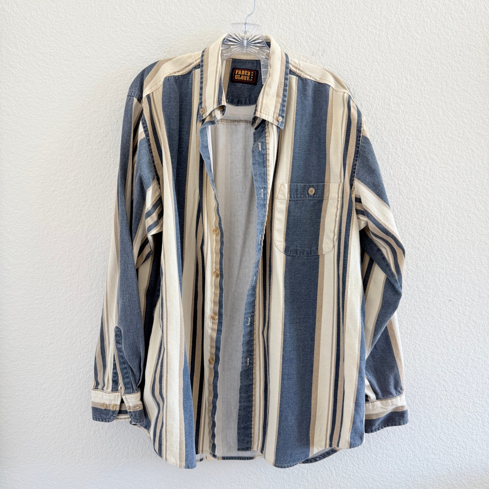 Vintage Faded Glory Striped Long Sleeve 100% Cotton Button Down Shirt