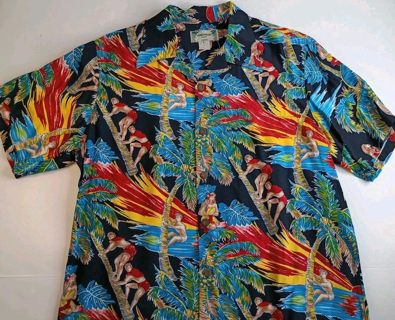 Vintage 60s KAMEHAMEHA MADE IN HAWAII Hawaiian Large Rayon Loop Collar Hula Girl