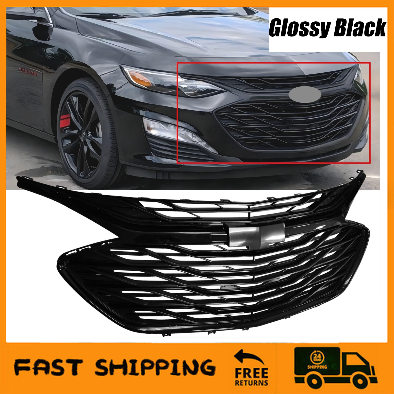 2019-2025 Chevy Malibu Front Upper Grill & Lower Grill & Glossy Black Grill Trim