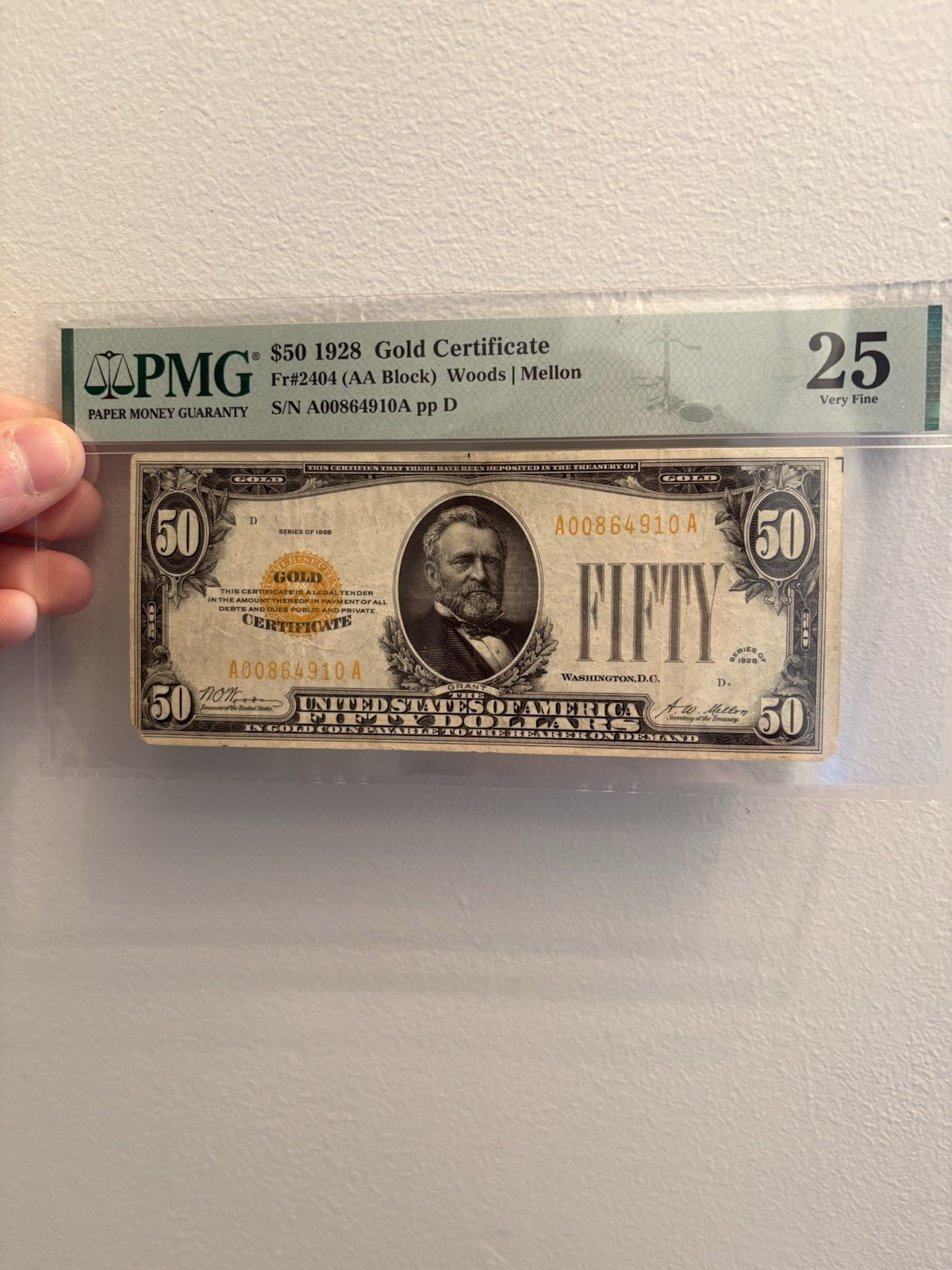 PMG VF 25 1928 $50 Gold Certificate Banknote Fr#2404 AA Block PMG VF 25 1928 $50 Gold Certificate Banknote Fr#2404 AA Block