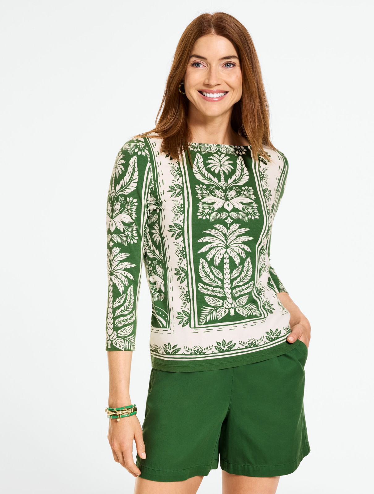 Talbots Bateau Neck Tee - Tropical Damask, IVORY/GROVE GREEN NEW