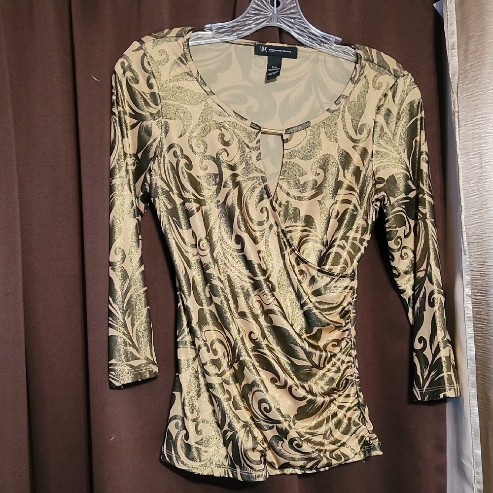 INC Gold Ruched Fitted Blouse with Three-Quarter Sleeves