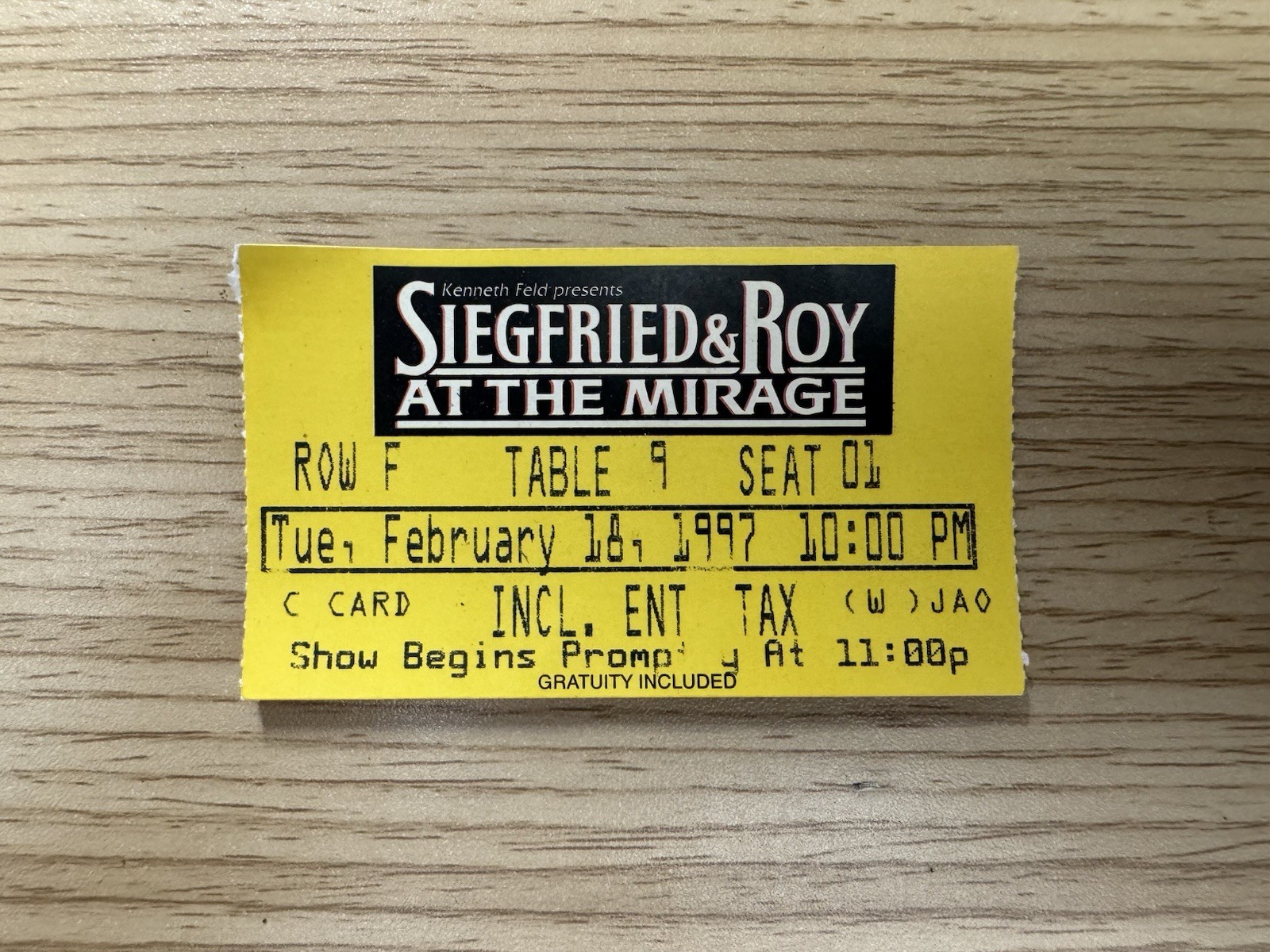 2/18/97 Siegfried and Roy at the Mirage Ticket Stub Las Vegas