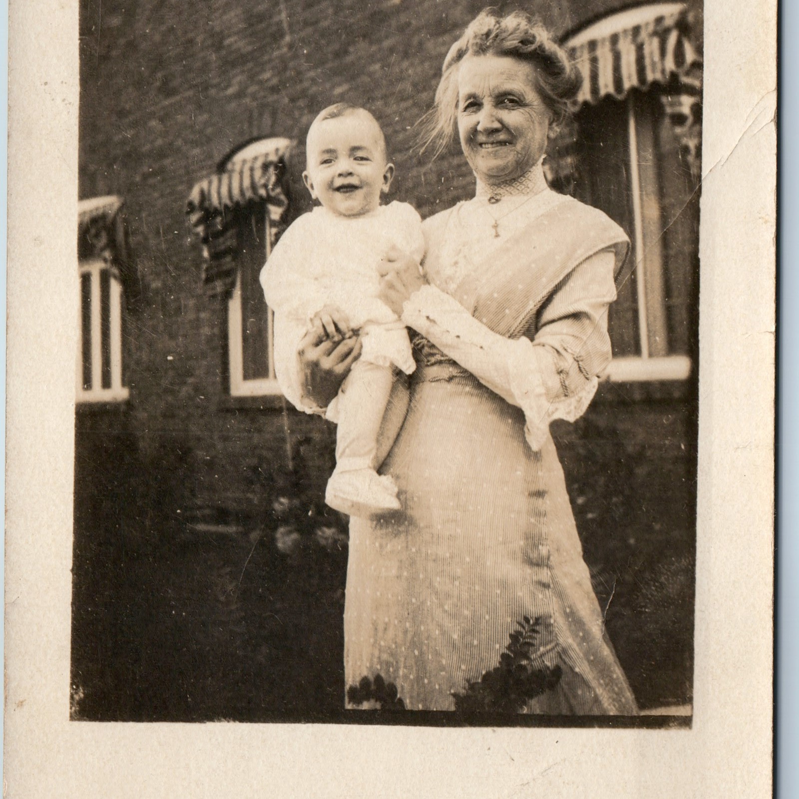 c1910s Smiling Grandmother & Baby Boy RPPC Postcard Outdoor Family Portrait AZO