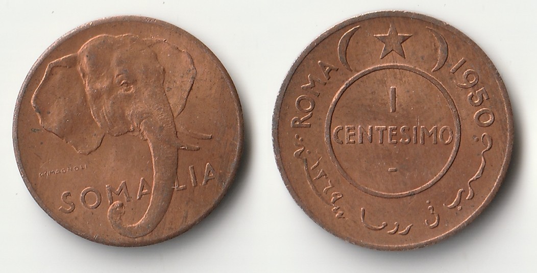 1950 Somalia 1 centesimo coin with elephant