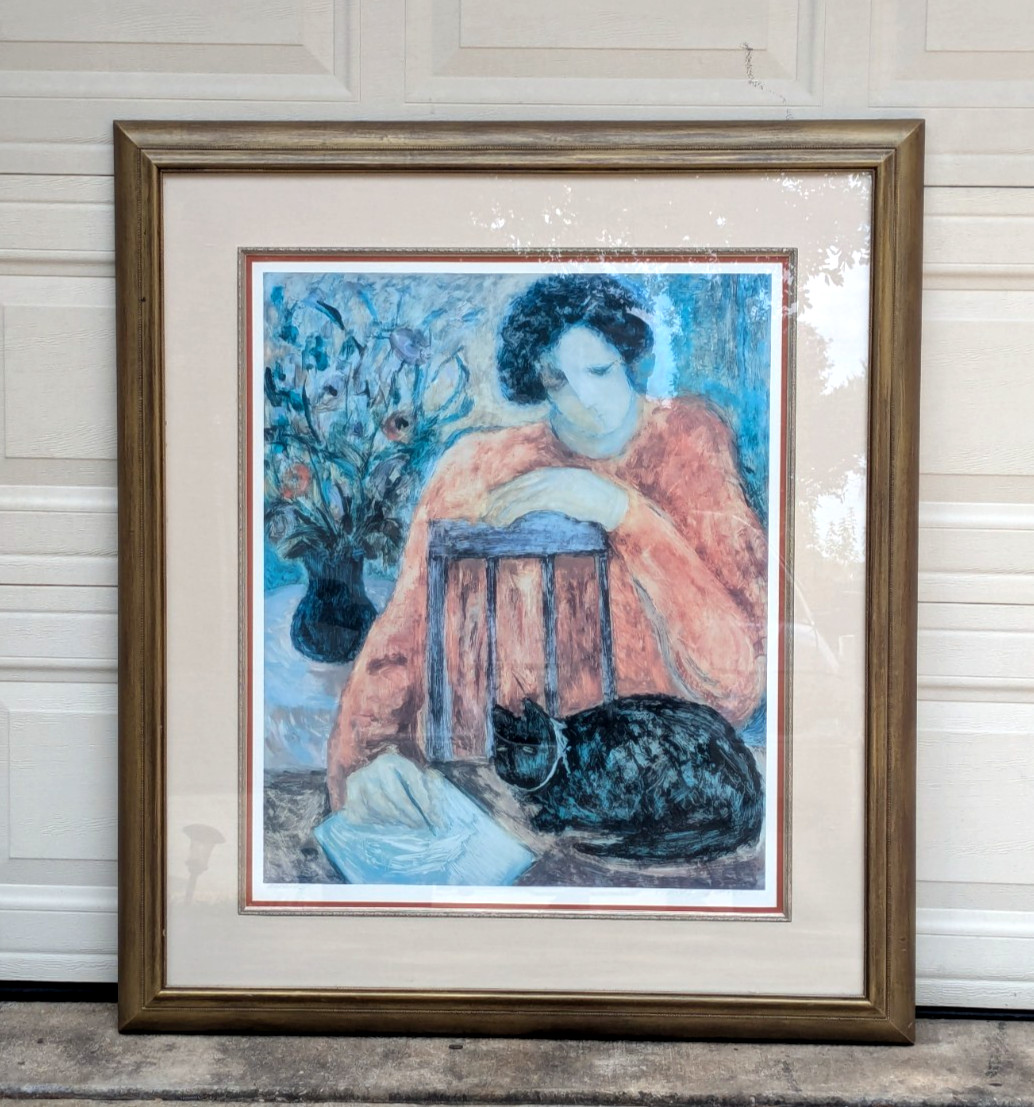 X-Large Barbara A. Wood Artist Proof Painting Lady With Cat 40.5x46.75\