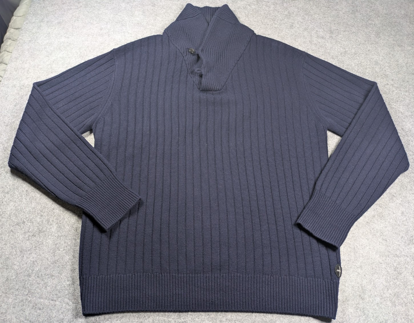 Relwen Sweater Mens XL Blue Merino Wool Shawl Loop Collar Huckberry Ribbed Knit