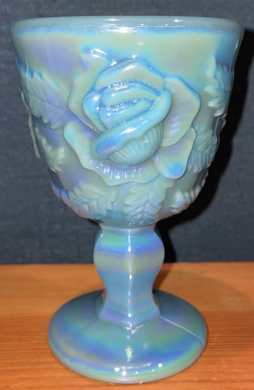 Madonna Inn Wild Rose Georgia Blue Luster Goblet Iridescent 5” Tall