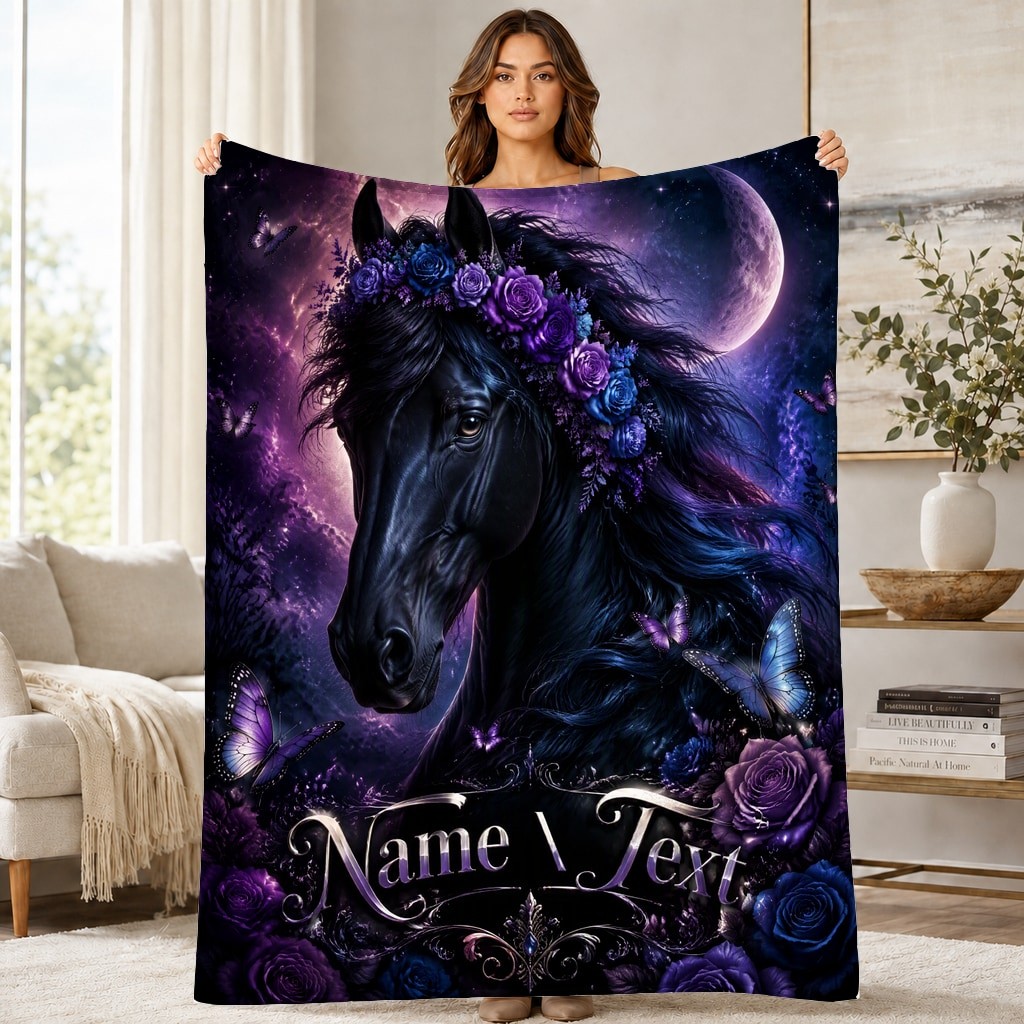 Personalized Celestial Black Horse Roses Fleece Blanket