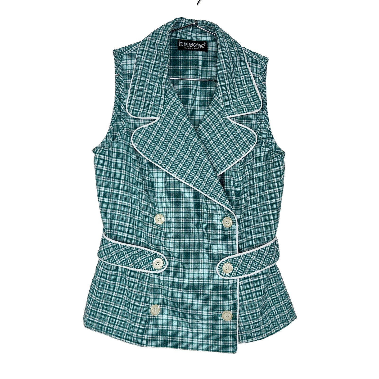 Vtg Brioche California Vest Top Womens Size S Green Plaid Double Breasted Retro
