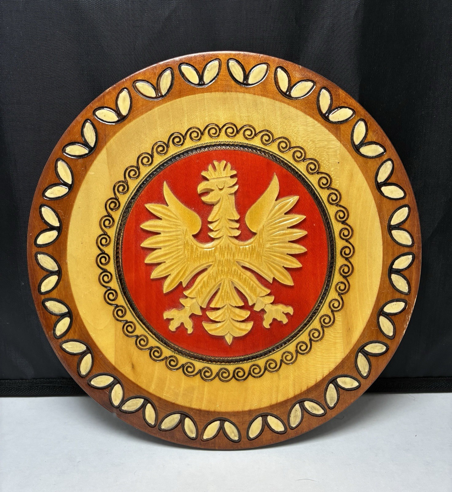 Vintage Poland Hand Carved Wood Burning Polish Eagle Plate Vintage Poland Hand Carved Wood Burning Polish Eagle Plate