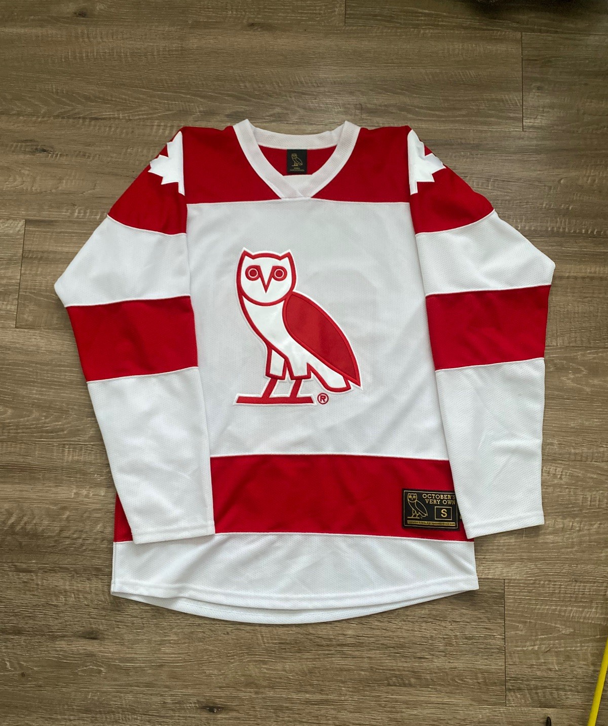 October\'s Very Own OVO Hockey Jersey White/Red Owl Logo Size S