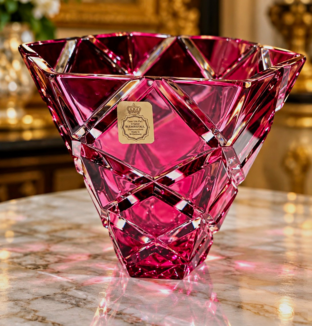 Vintage West German Pink Lead Crystal Bowl - Diamond Cut - 24% PbO Vintage West German Pink Lead Crystal Bowl - Diamond Cut - 24% PbO