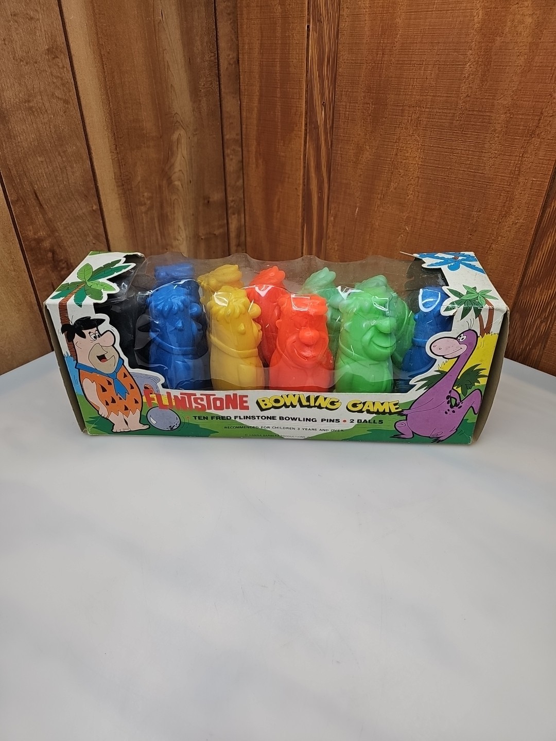 Flintstones Bowling Game Pins Fred Dino Wilma Betty 10 Pins 2 Balls NEW 1960s 
