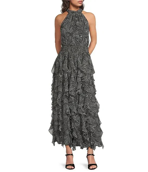 1. STATE Dot Print Halter Neck Sleeveless Ruffle Dress MSRP $109