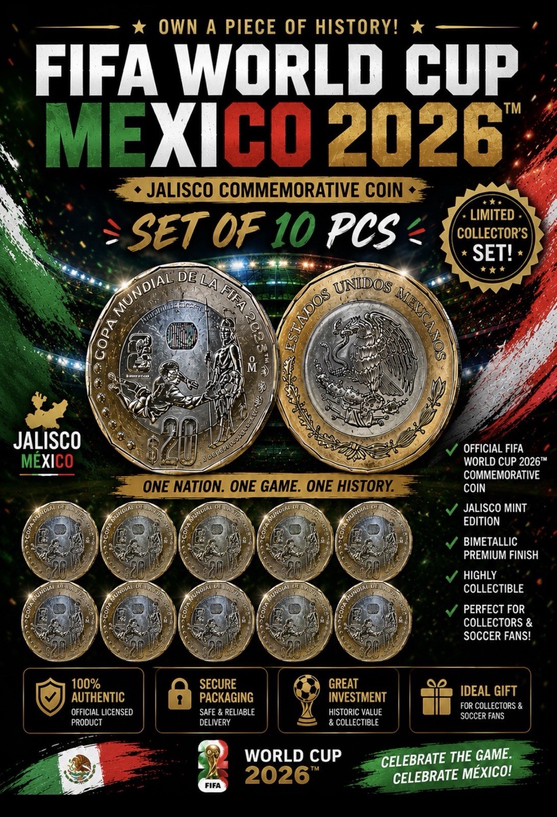 MEXICO 2026 FIFA. $20 Pesos. Brillante. JALISCO. MINERVA. Lot 10 PCs MEXICO 2026 FIFA. $20 Pesos. Brillante. JALISCO. MINERVA. Lot 10 PCs