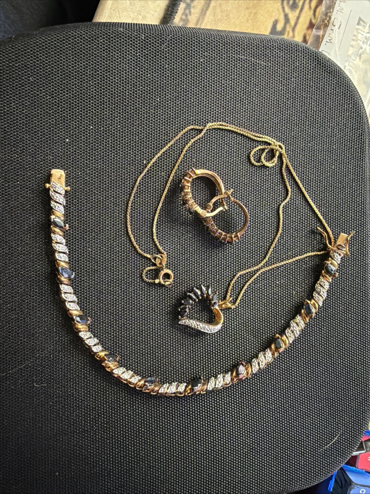 Vtg Sterling S Gold Blue Sapphire Necklace Hoop Earrings Bracelet Set Vtg Sterling S Gold Blue Sapphire Necklace Hoop Earrings Bracelet Set