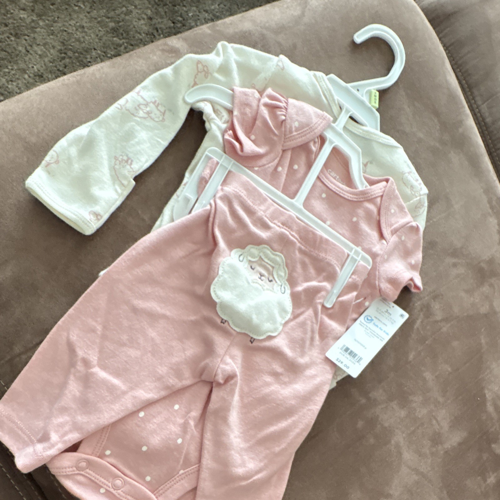 Carter's Baby Girls 3Pc Pink/White Long Sleeve Sheep Bodysuit Pants Hat 3M