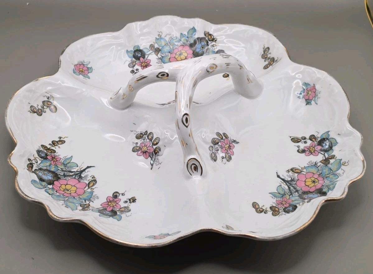 Antique A Lanterier Limoges France Divided Serving Dish Center Handle Floral
