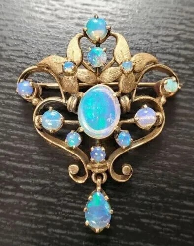 2.30Ct Oval Natural Fire Opal Vintage Estate Brooch Pin 14K Yellow Gold Plated
