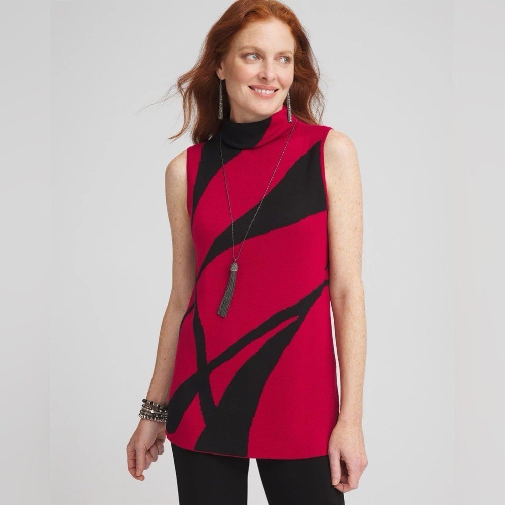 Chico\'s Travelers Jacquard Mockneck Tank Red and Black Sleeveless Sweater