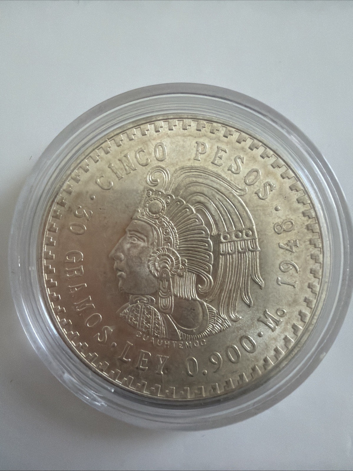 Mexico cinco 5 Pesos 1948 Cuauhtemoc The Last Aztec Emperor, Silver Coin .900.