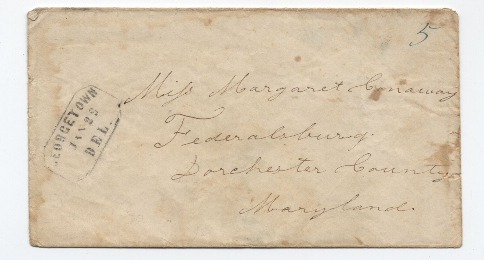 c1850 Georgetown DE stampless cover boxed straightline handstamp [S.3835]