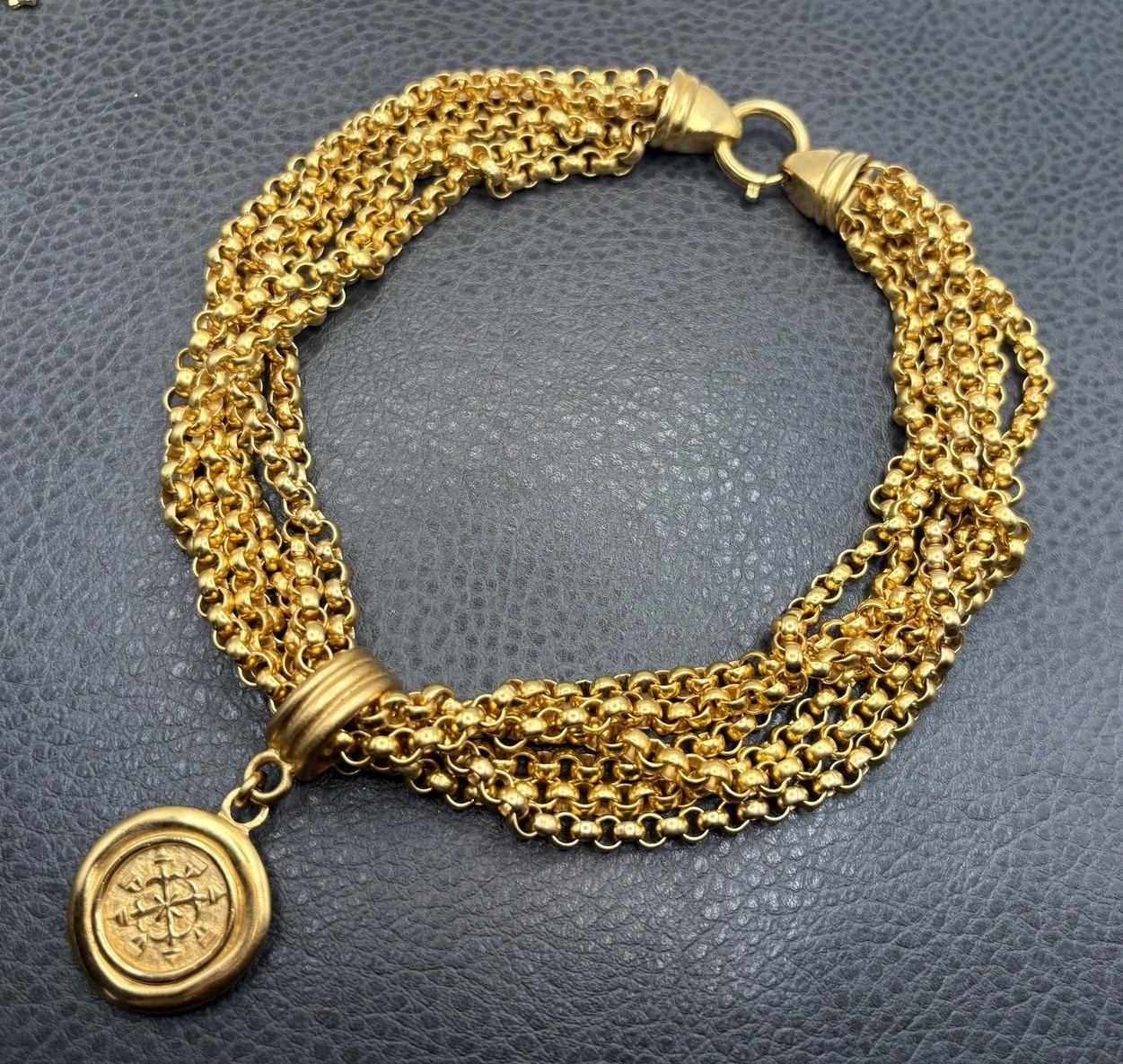 VTG 80s Carolee Multi Strand Rolo Chain Necklace Wax Seal Medallion Statement