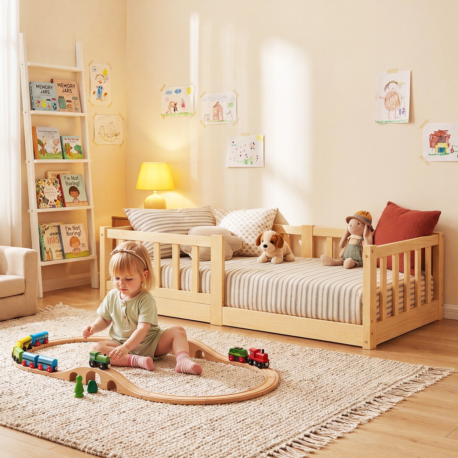 SUNYRISY Toddler Bed with Slatted Base & Safety Guardrail Montessori Floor Bed SUNYRISY Toddler Bed with Slatted Base & Safety Guardrail Montessori Floor Bed