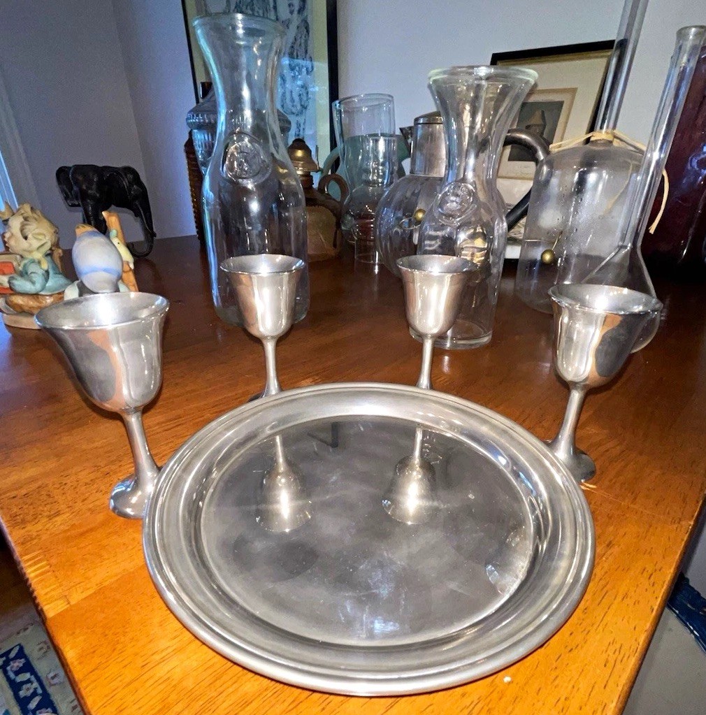 EB Rogers Round Pewter Serving Tray Set 5 w/ 4 Goblet Cups Polished VTG