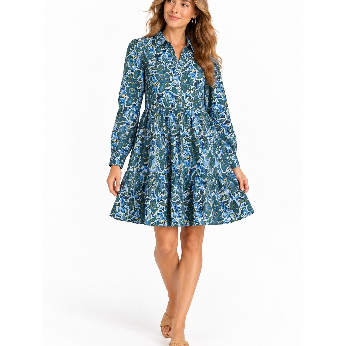 Ro\'s Garden Shirt Dress Womens Medium Blue Floral Tiered Mini Cotton