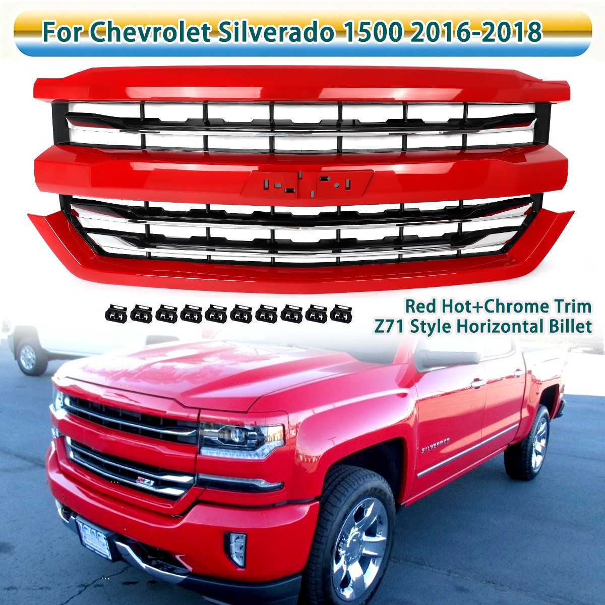 For 2016-2018 Silverado 1500 High Country Z71 Red Hot+Chrome Trim Front Grille