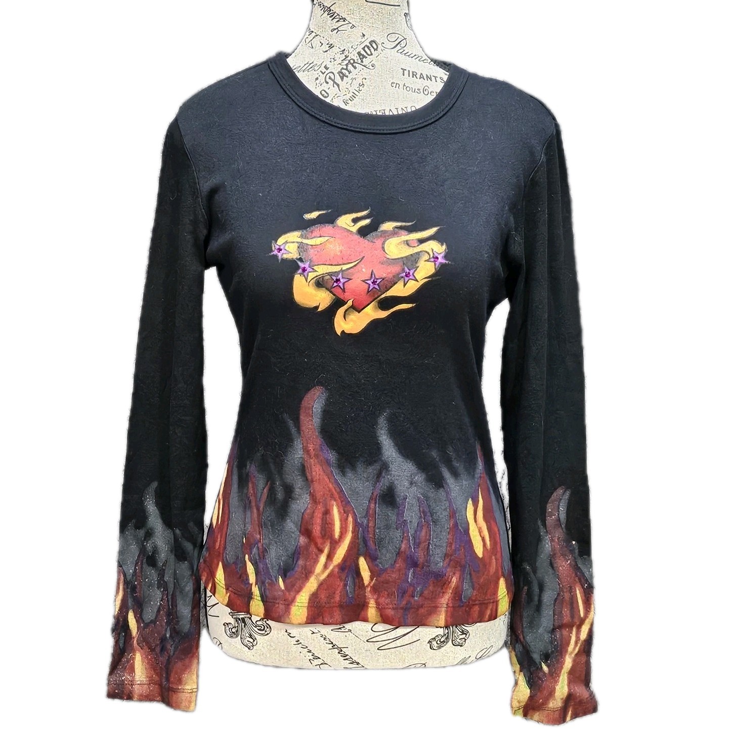 FANG Vtg Y2K Flame Heart Graphic Tee Womens L Black LS 90s Goth Cyber Grunge