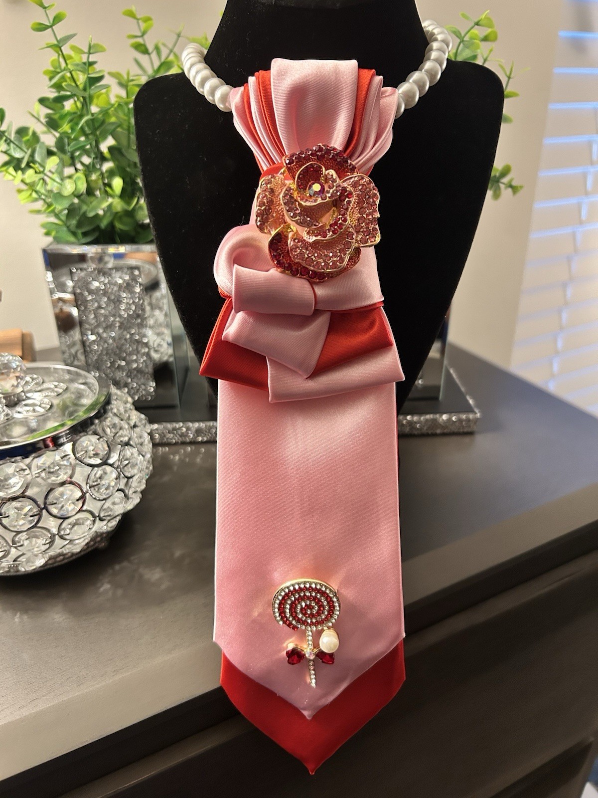 Pink Red Satin Women\'s Neck Tie with Decorative Flower and Beaded Embellishments Pink Red Satin Women\'s Neck Tie with Decorative Flower and Beaded Embellishments
