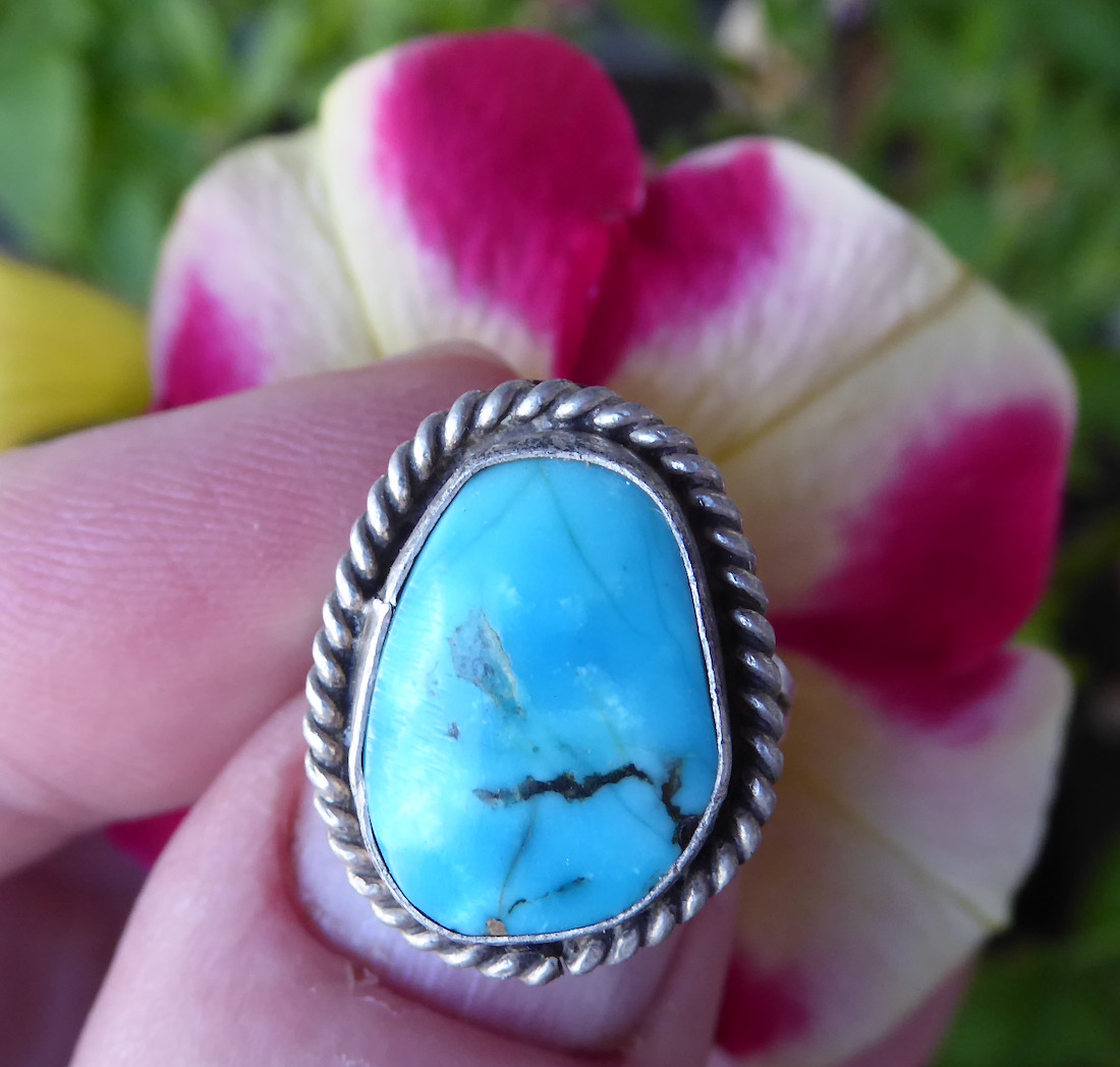 Vintage Southwestern Sterling Silver Turquoise Ring Size 5 Old Pawn Unsigned 3/4
