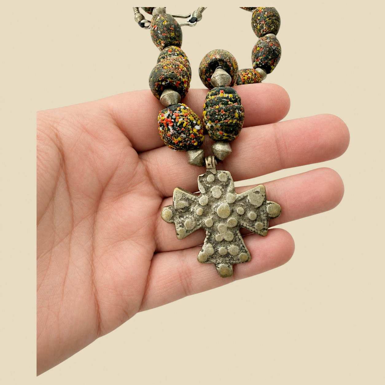 Vintage Ethiopian Beaded Necklace Cross Pendant 1950s 54cm
