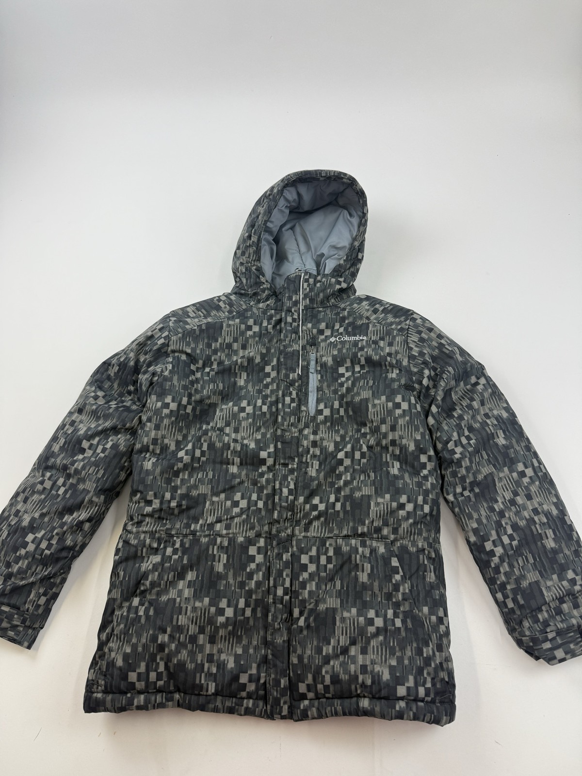 Columbia Jacket Boys Large Gray Camo Hooded Puffer Full Zip Insulated Outdoor