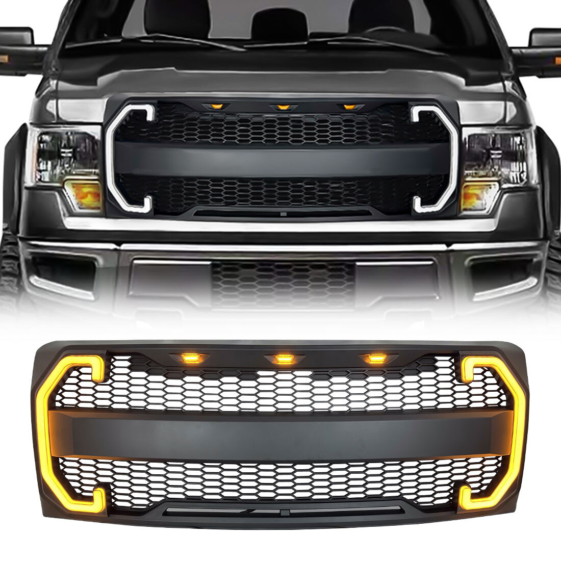 For 2009-2014 Ford F150 Front Bumper Grill Raptor Style W/DRL&Turn Signal Lights