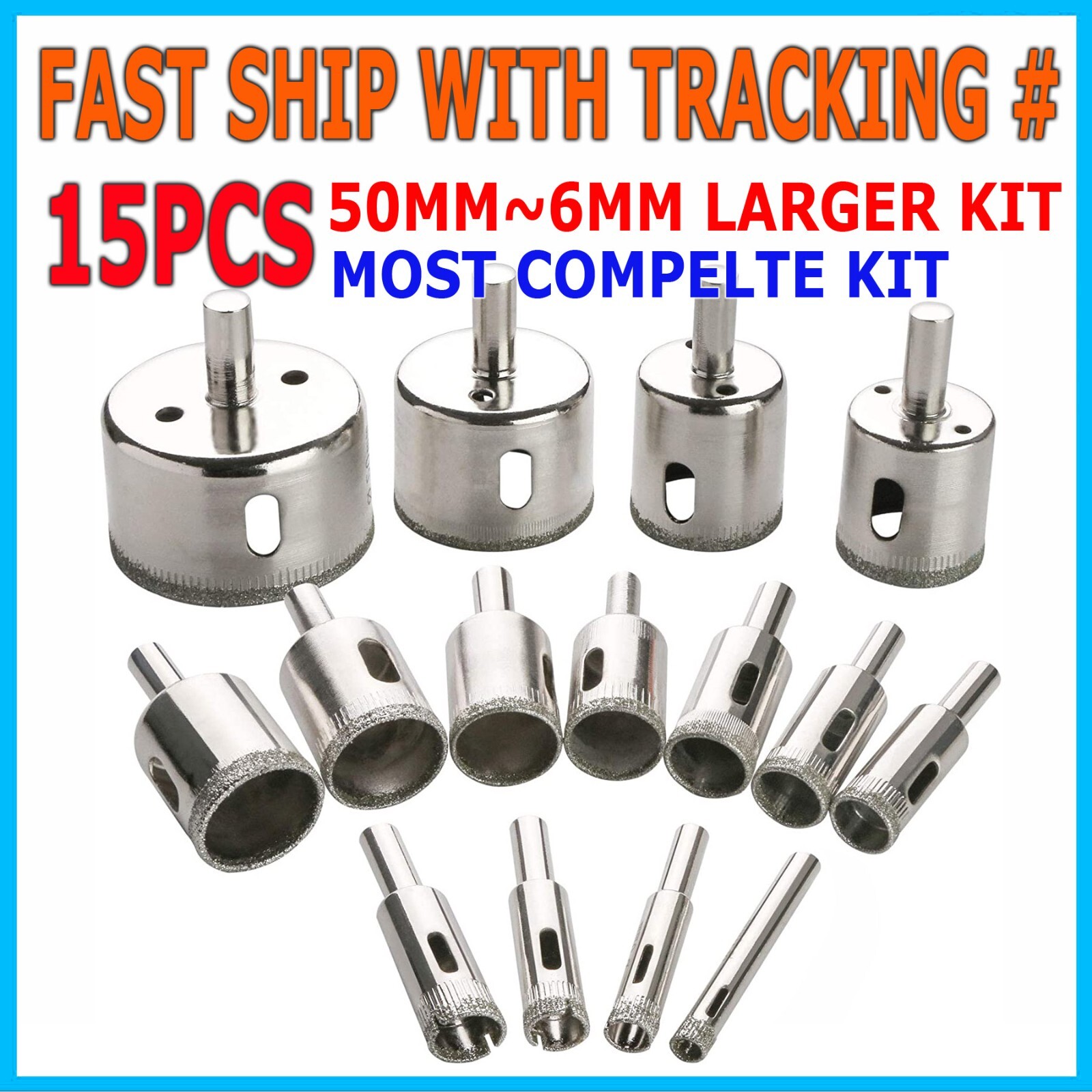 15pcs Diamond Hole Saw Drill Bit Set Glass Ceramic Tile Saw Cutting Tool 3-42mm