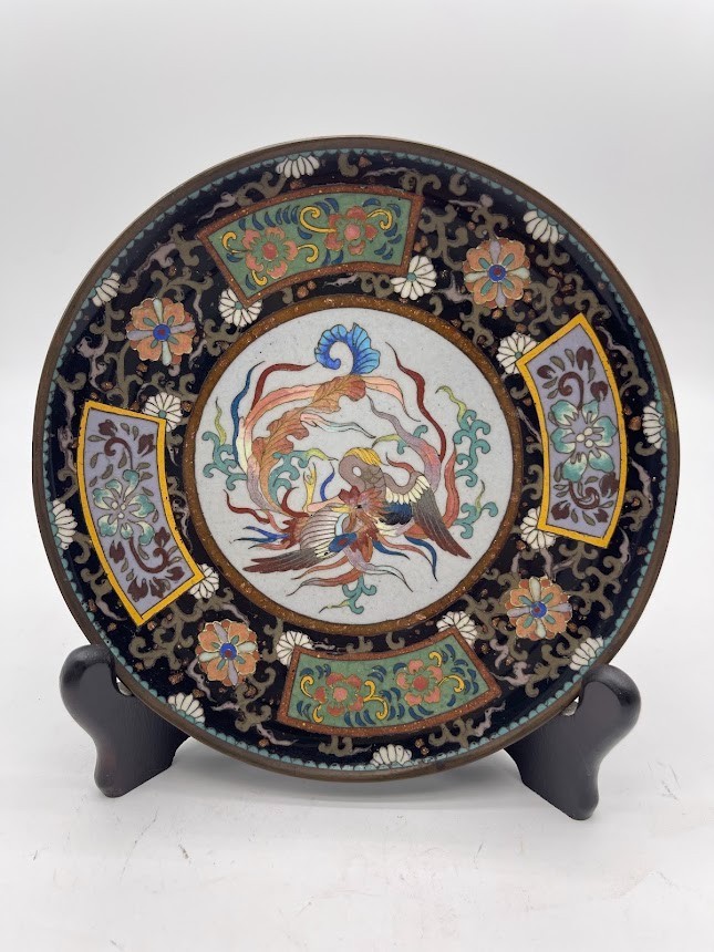 Antique Chinese Copper Enamel Phoenix Bird Decorated Plate