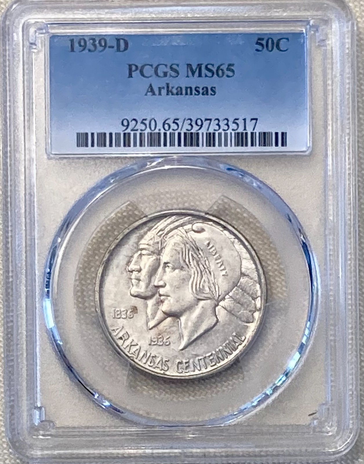 Rare & Excellent 1939  D Arkansas Commemorative Half Dollar - PCGS MS65